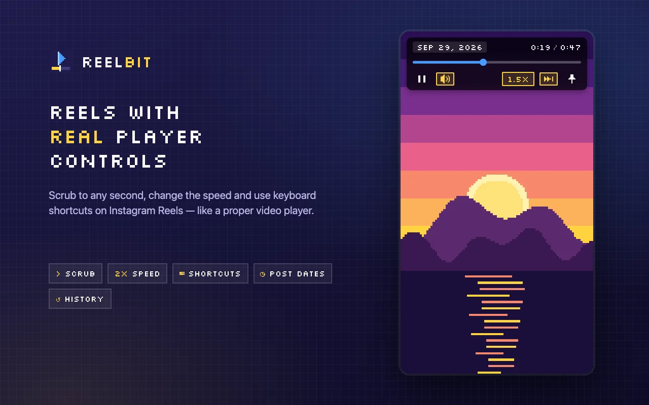 Barra de control de ReelBit con barra de progreso, velocidad y fecha sobre un Reel de Instagram