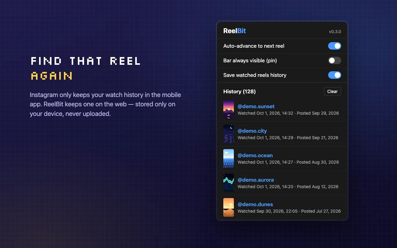 El popup de ReelBit con ajustes e historial local